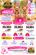 Visuel ARNOLD Programme Minceur pour petit chien, avec offres d’abonnement et logo ARNOLD Solidaire