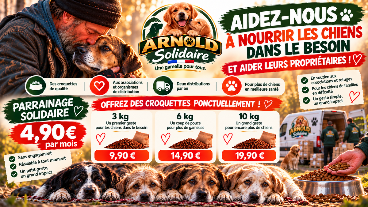 ARNOLD Solidaire : aidez-nous à nourrir les chiens dans le besoin et leurs propriétaires, bannière ordinateur
